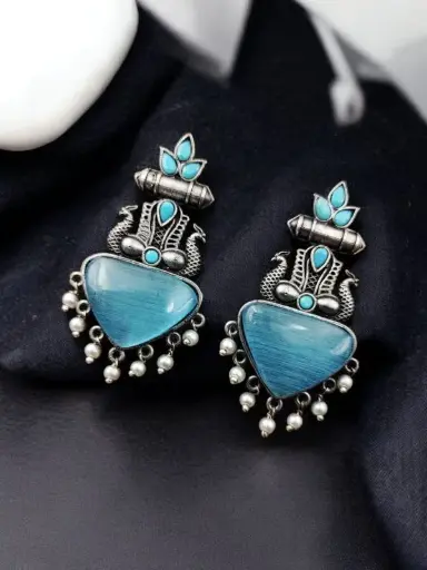 Silver Replica Peacock Studs | Best Elegant Monalisa Stone Earrings For Girls